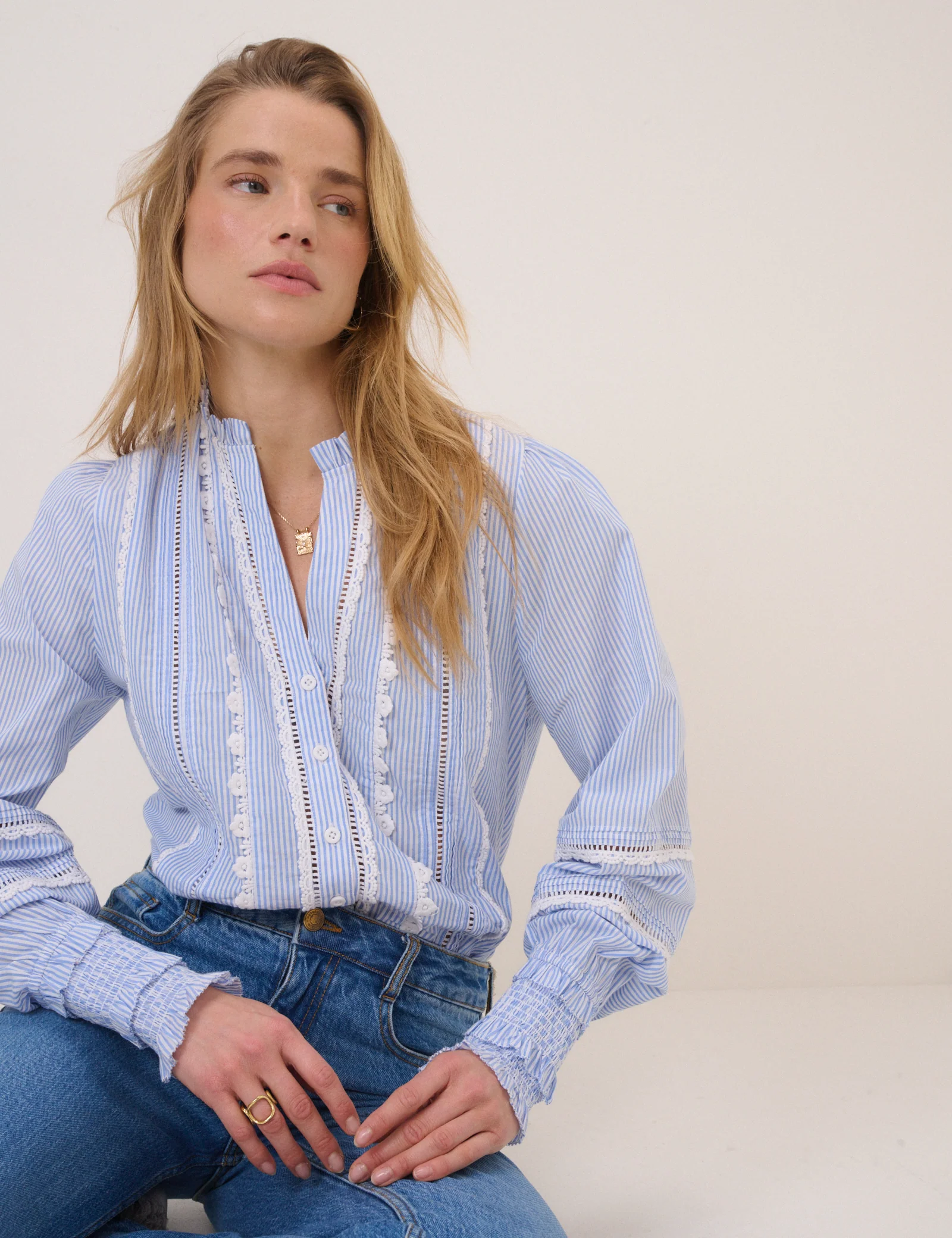 Blue Pinstripe Lace Trim Blouse - Image 2