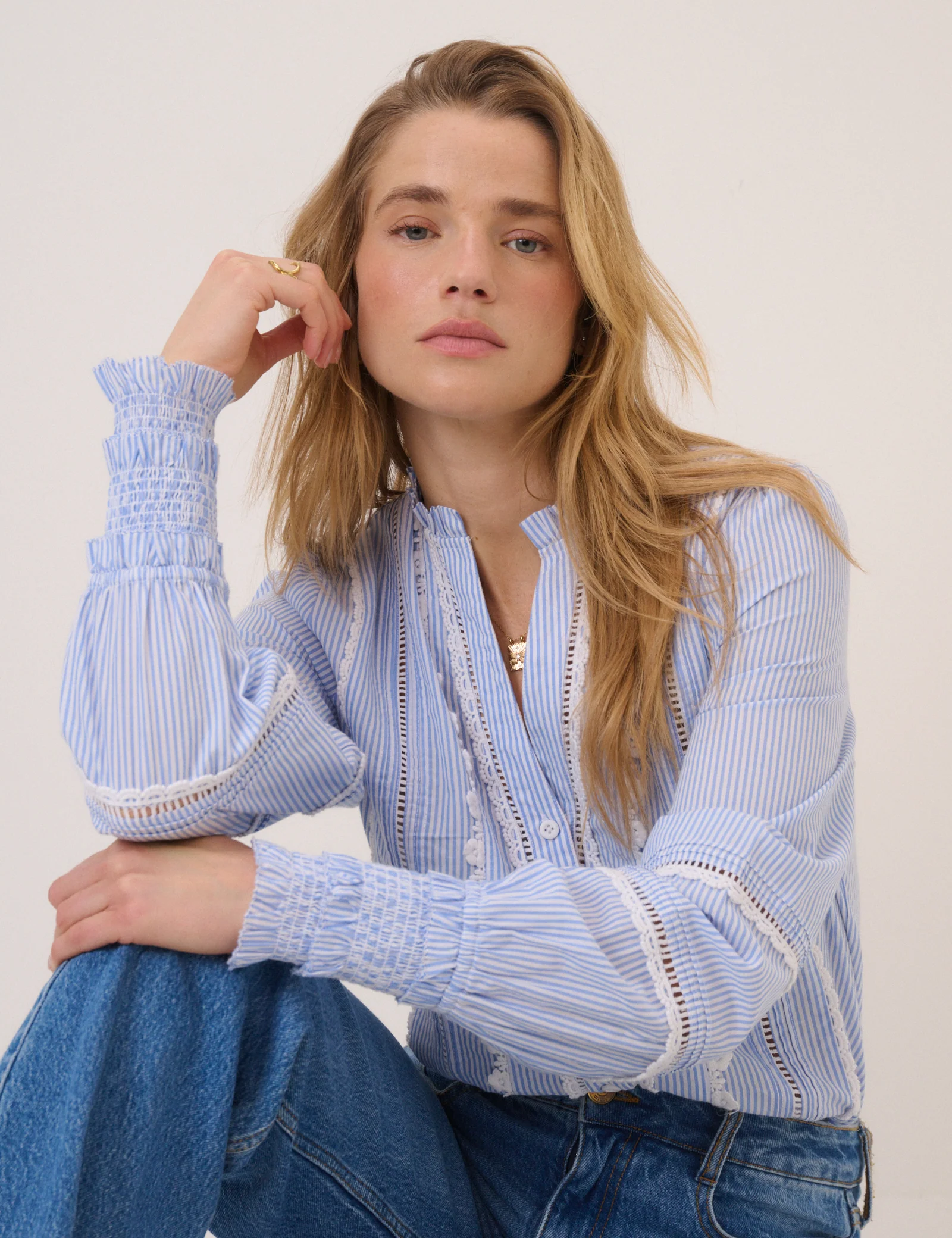 Blue Pinstripe Lace Trim Blouse - Image 3