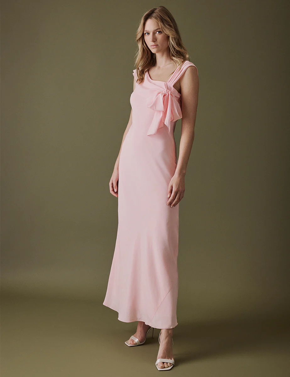 Soft Pink Asymmetric Neckline Midi Gardenia Dress - Image 3