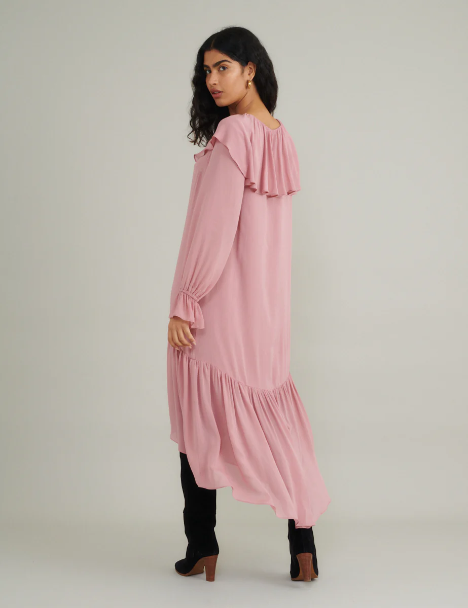 Pink Chiffon Ruffle Trim Koko Midi Smock Dress - Image 3