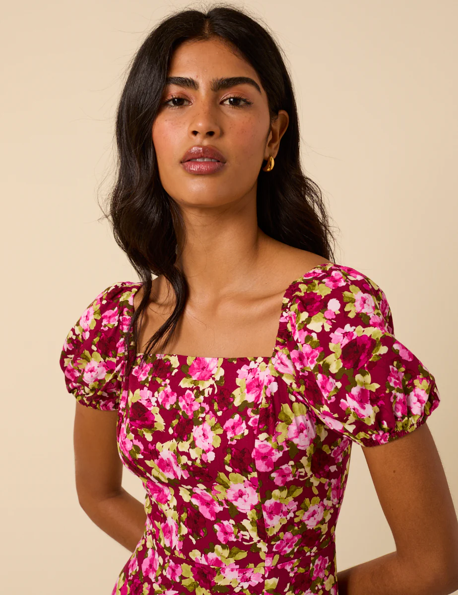 Pink Floral Leith Puff Sleeve Midi Dress - Image 3