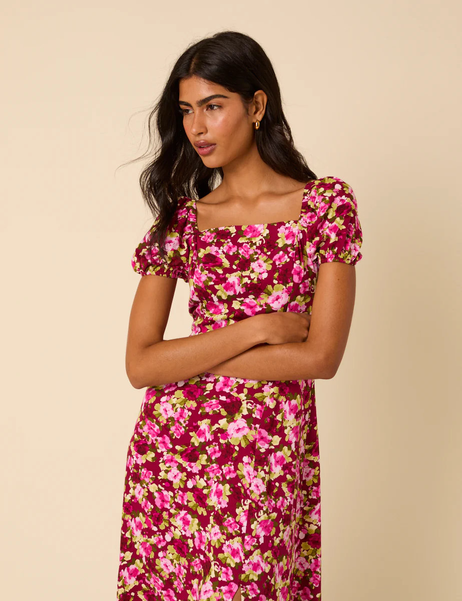 Pink Floral Leith Puff Sleeve Midi Dress - Image 4