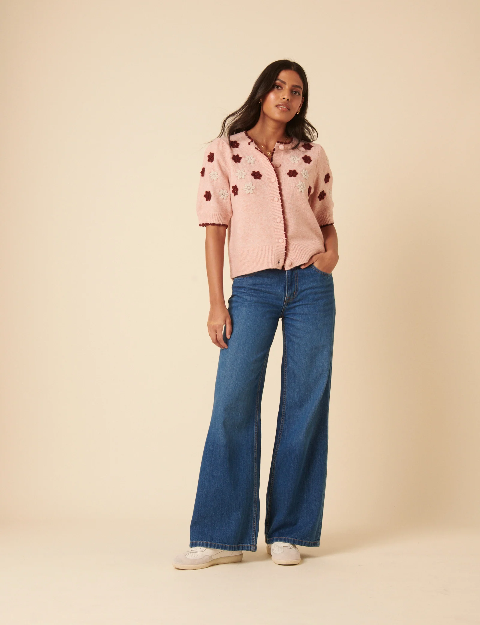 Pink Floral Yoke Embroidered Short Sleeve Cardigan - Image 2