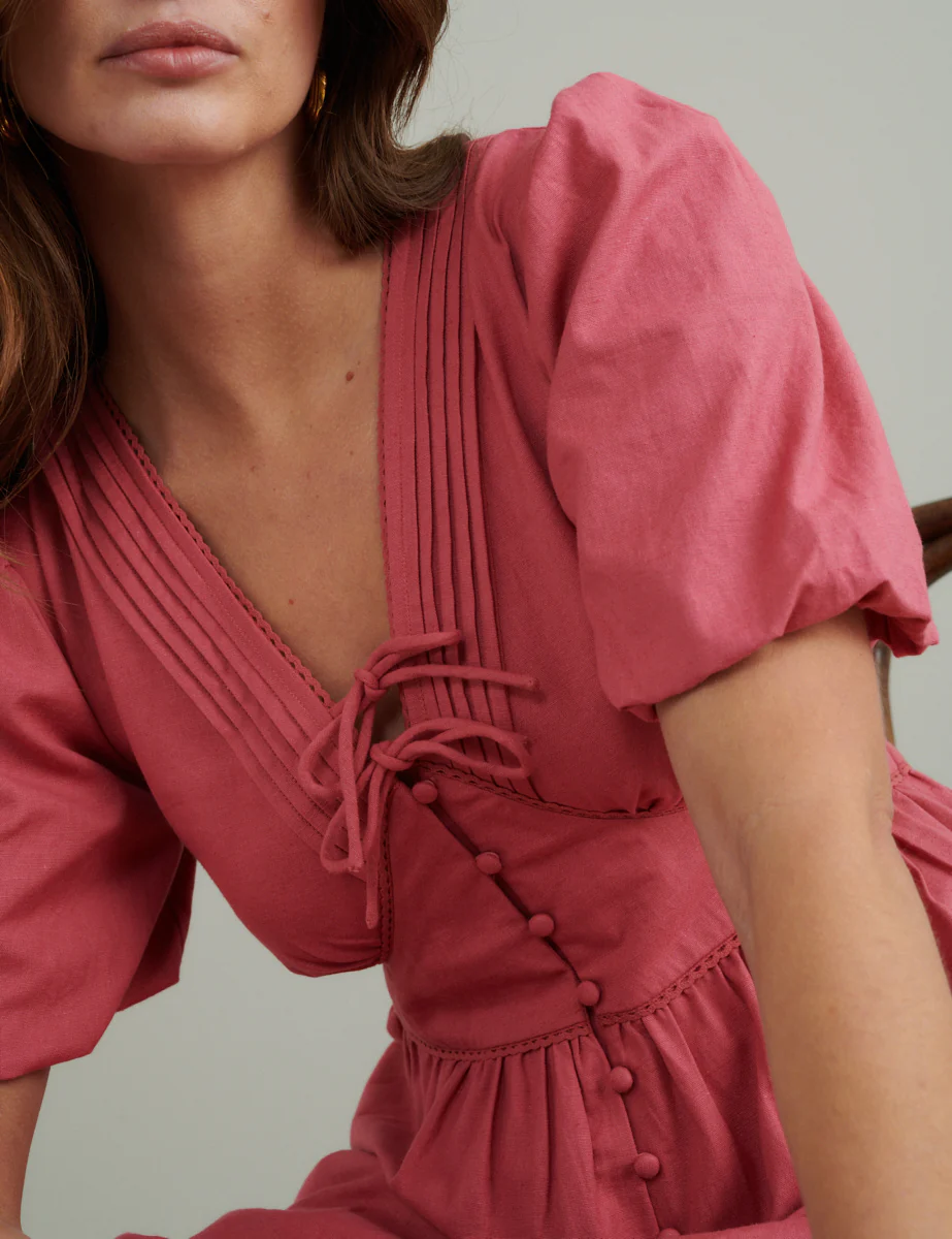 Pink Puff Sleeve Tiered Alexandra Midi Dress - Image 2