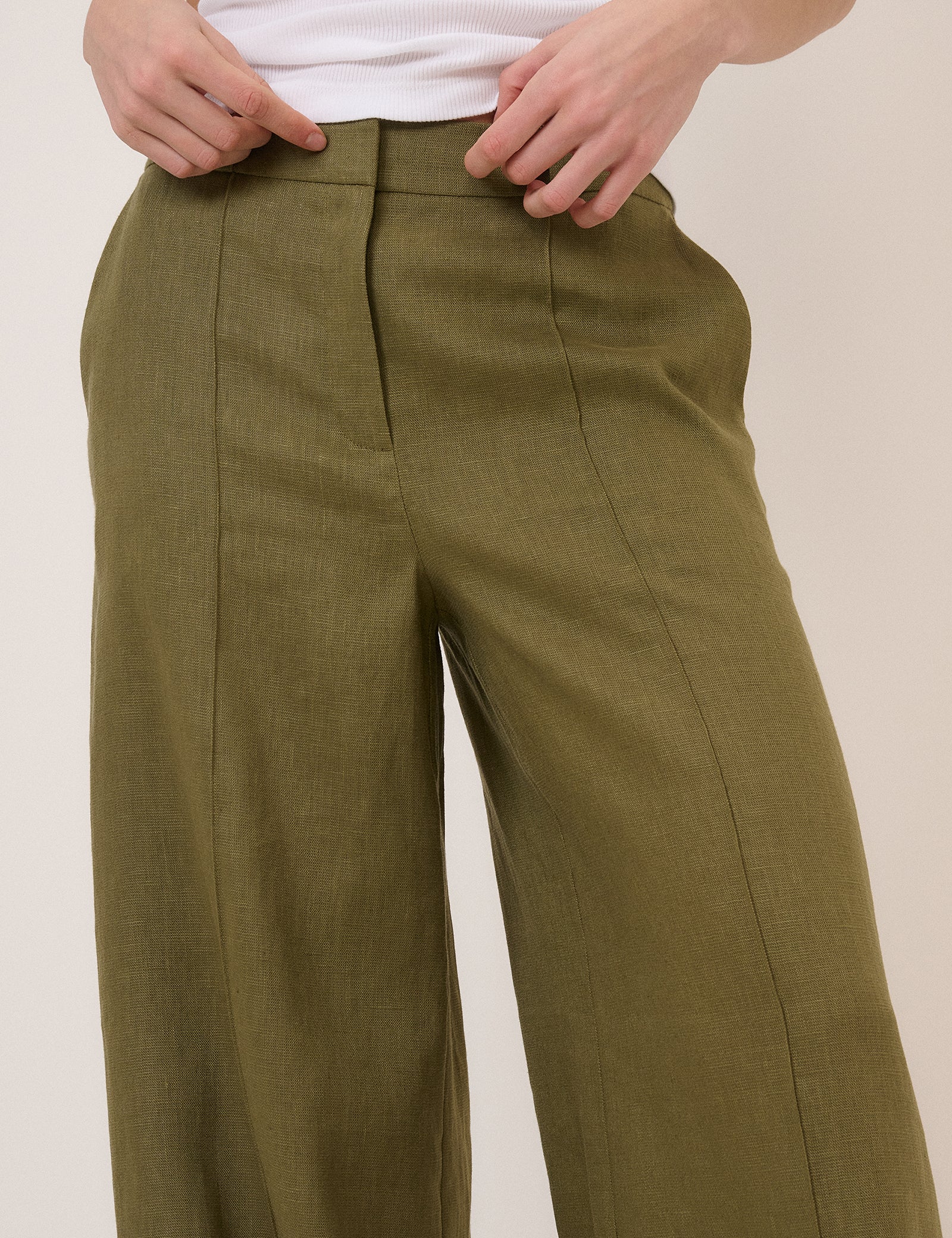 Khaki Linen-Blend Wide Leg Tailored Trousers - Image 4