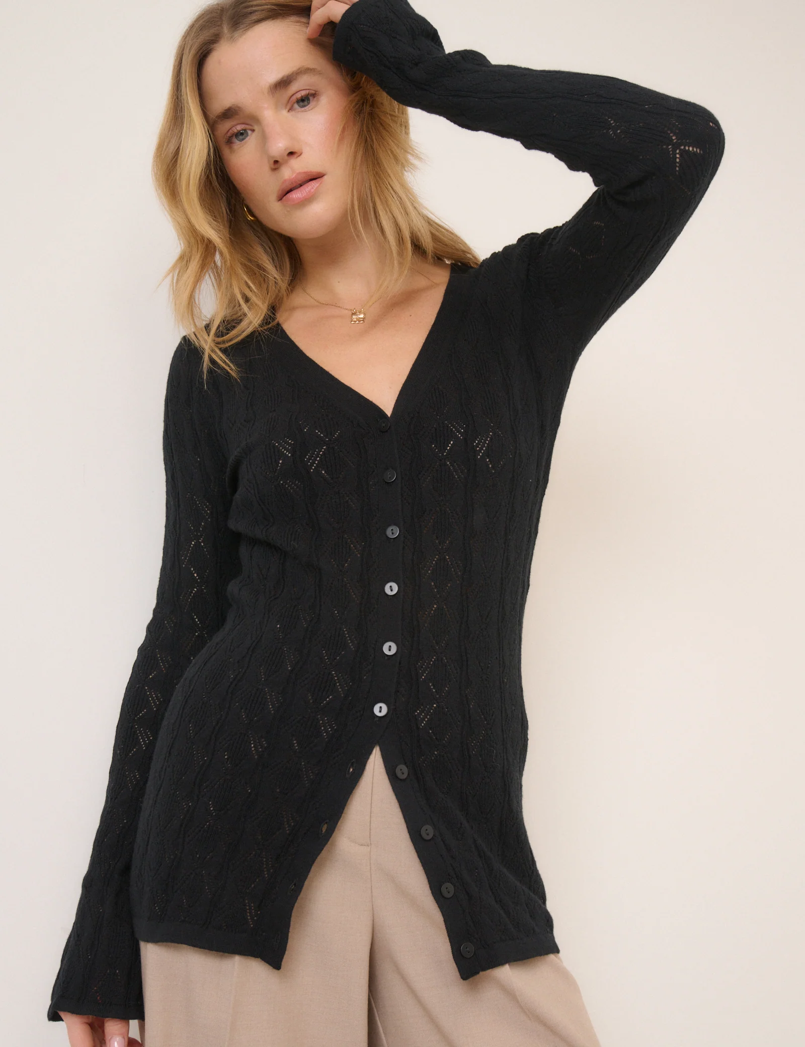 Black Pointelle V-Neck Cardigan - Image 3
