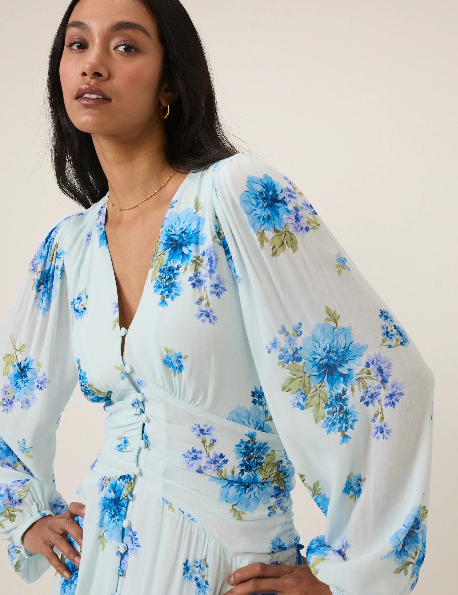 Blue Floral Long Sleeve Luna Midi Dress - Image 2