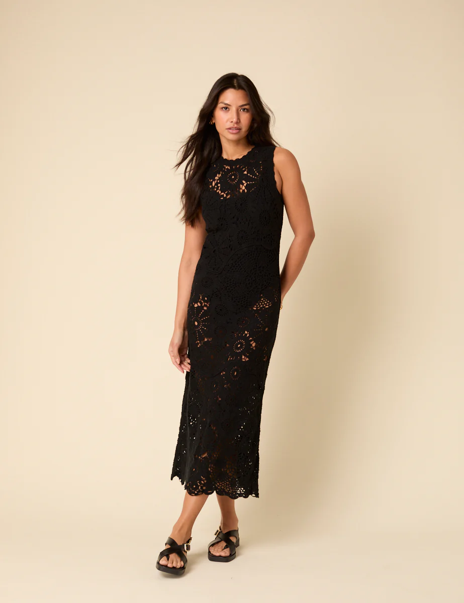 Poppy Delevingne Black Crochet Olympia Midi Dress