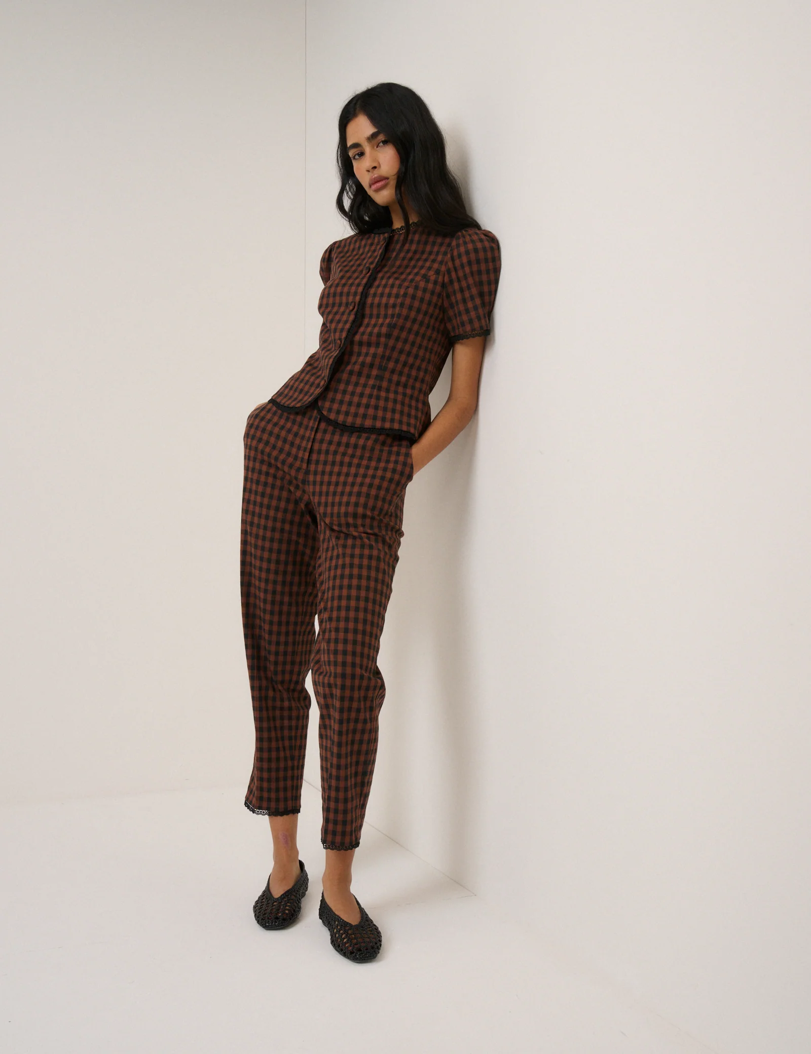 Brown Gingham Puff Sleeve Tailored Top - Image 4