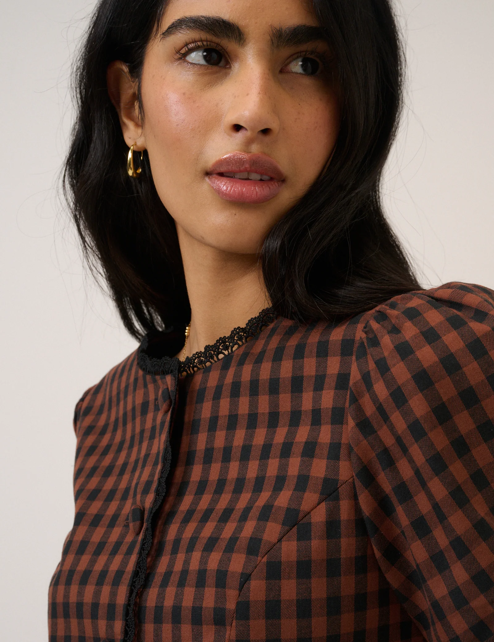 Brown Gingham Puff Sleeve Tailored Top - Image 5