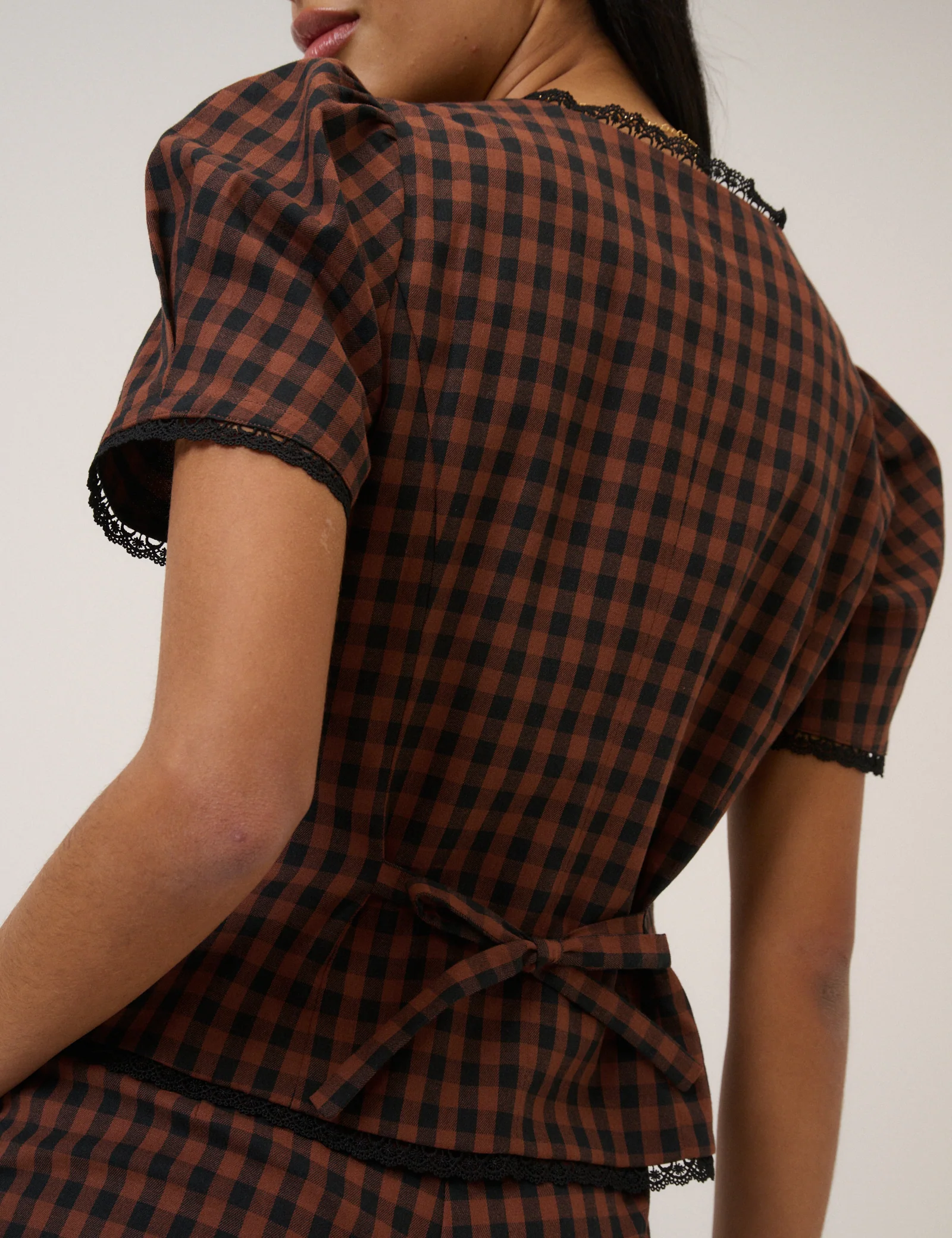Brown Gingham Puff Sleeve Tailored Top - Image 6