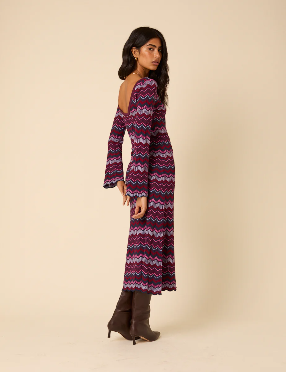 Purple Chevron Striped Long Sleeve Midi Dress - Image 5