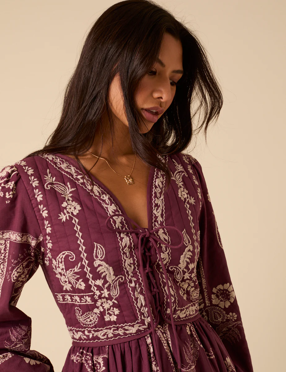 Purple Paisley Embroidered Quilted Monroe Midi Dress - Image 2