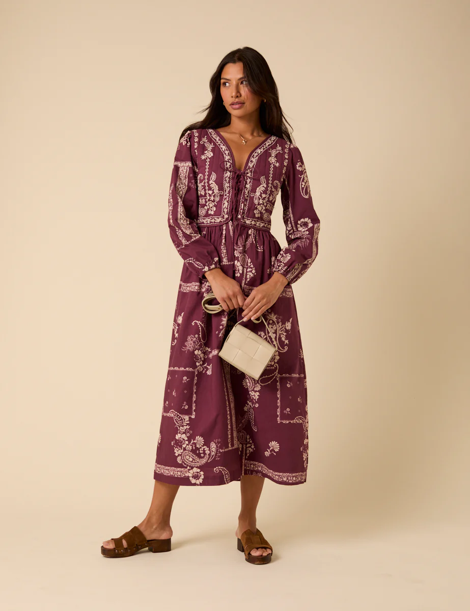 Purple Paisley Embroidered Quilted Monroe Midi Dress - Image 4
