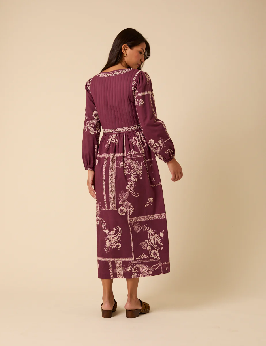 Purple Paisley Embroidered Quilted Monroe Midi Dress - Image 5