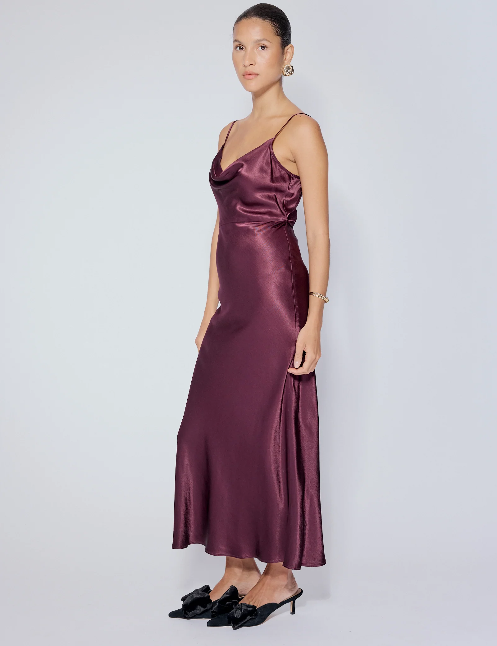 Purple Satin Cowl Neck Trixie Midi Dress - Image 4