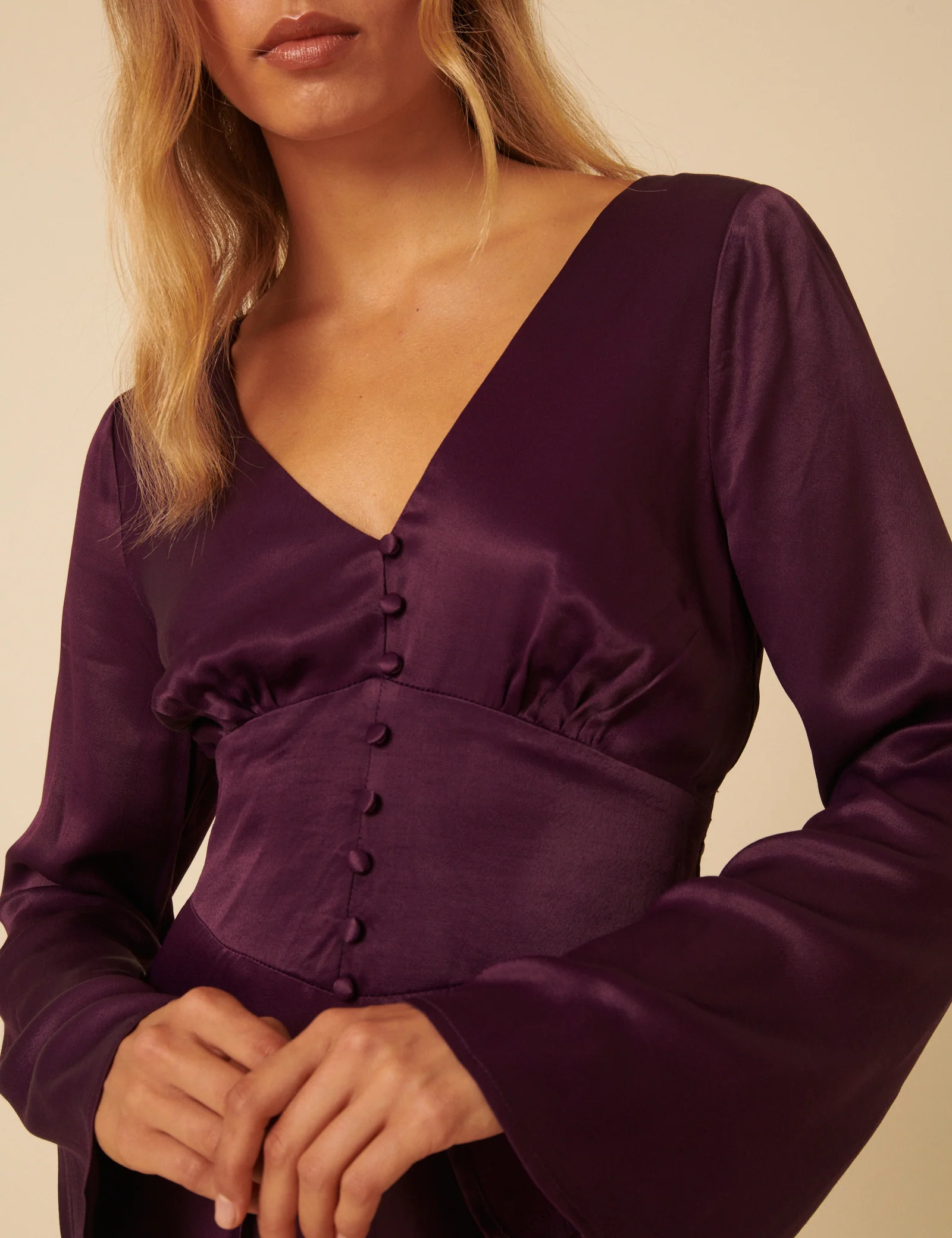 Purple Satin Long Sleeve Stella Mini Dress - Image 2