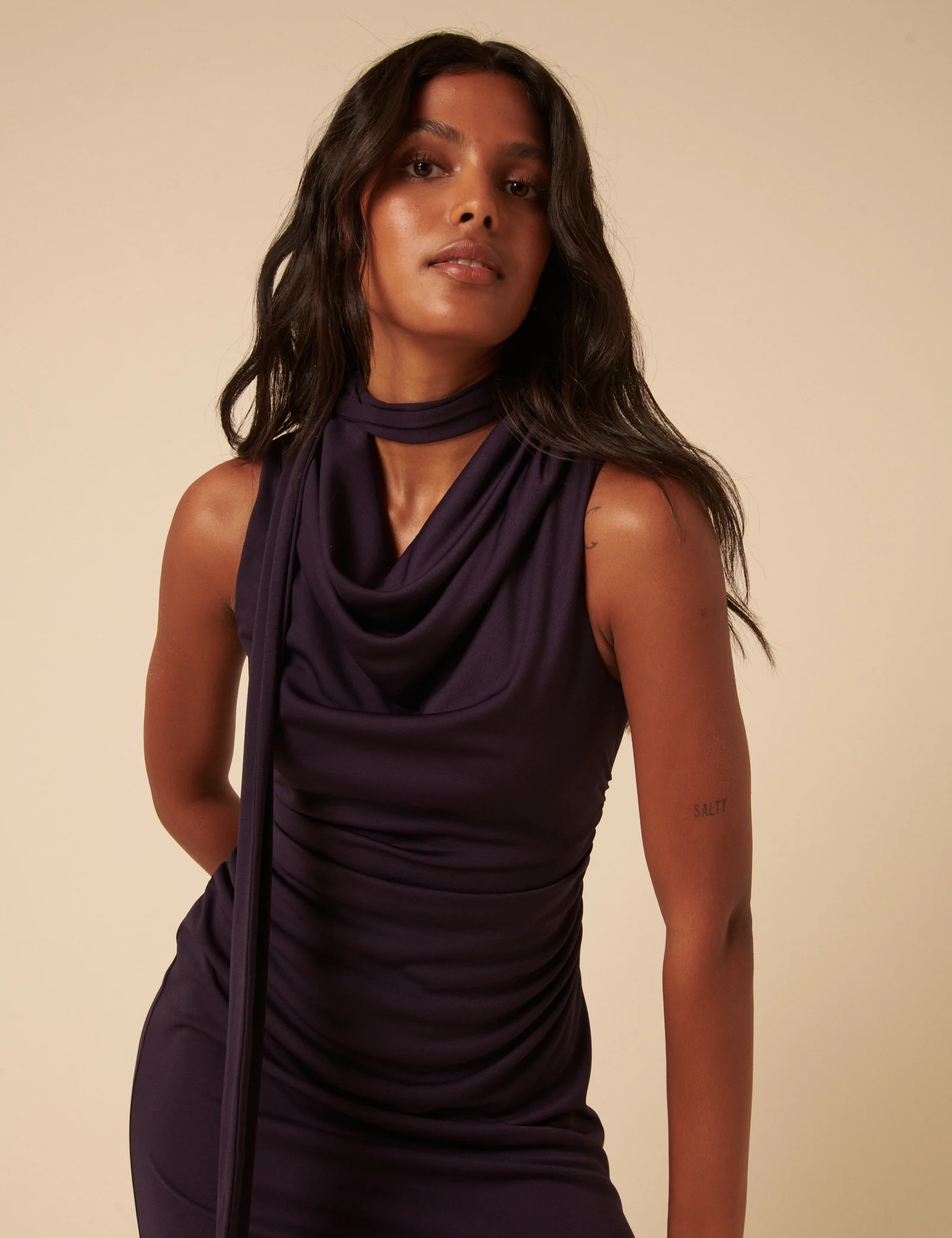 Purple Scarf Neck Detail Jersey Seren Midi Dress - Image 2