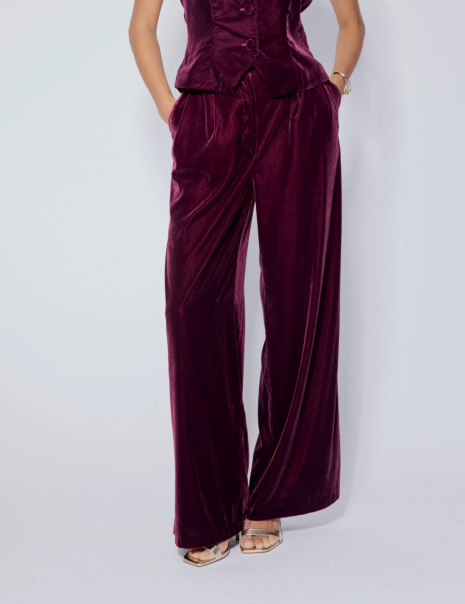 Burgundy Velvet Wide Leg Trousers - Image 2