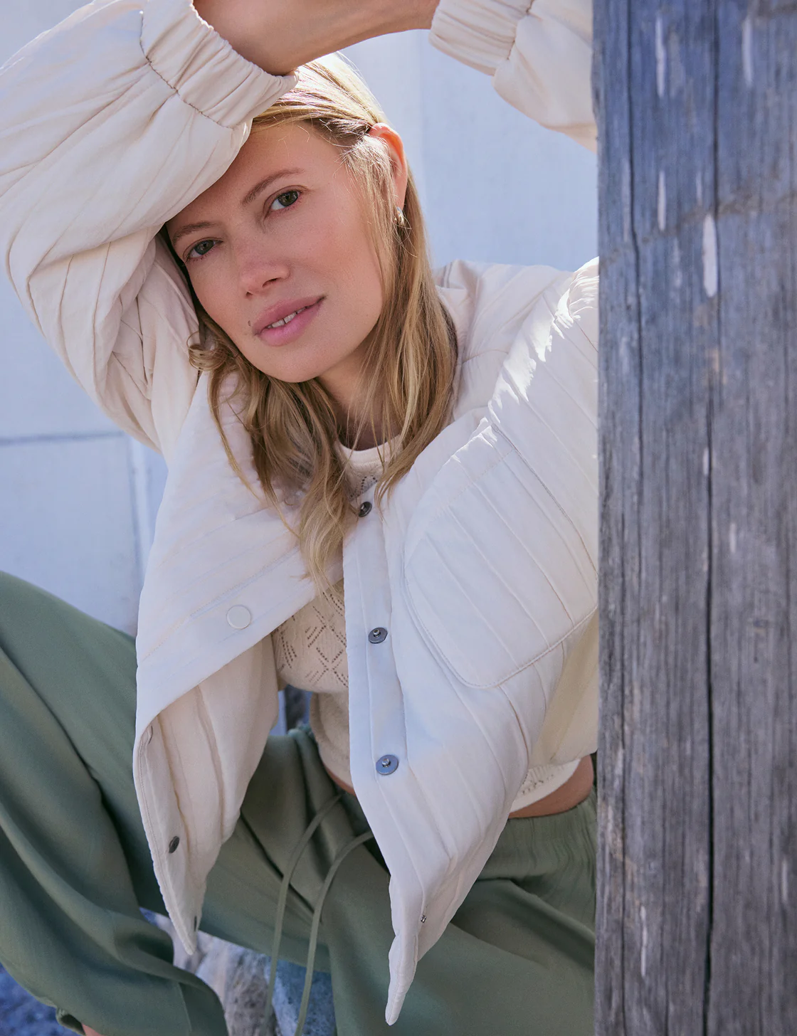 Cream Quilted Bomber Jacket - Image 2