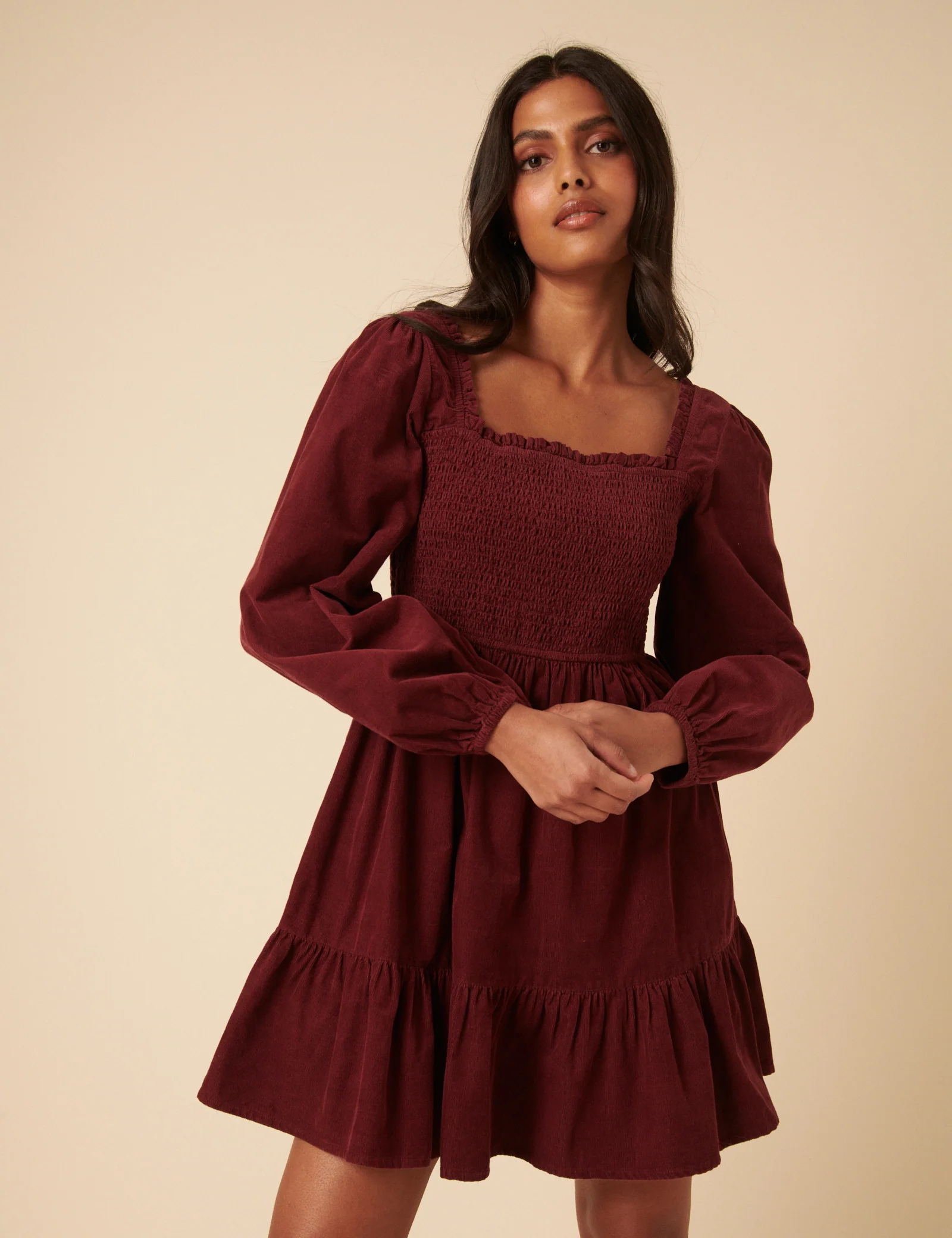 Red Balloon Sleeve Cord Tiered Elsa Mini Dress