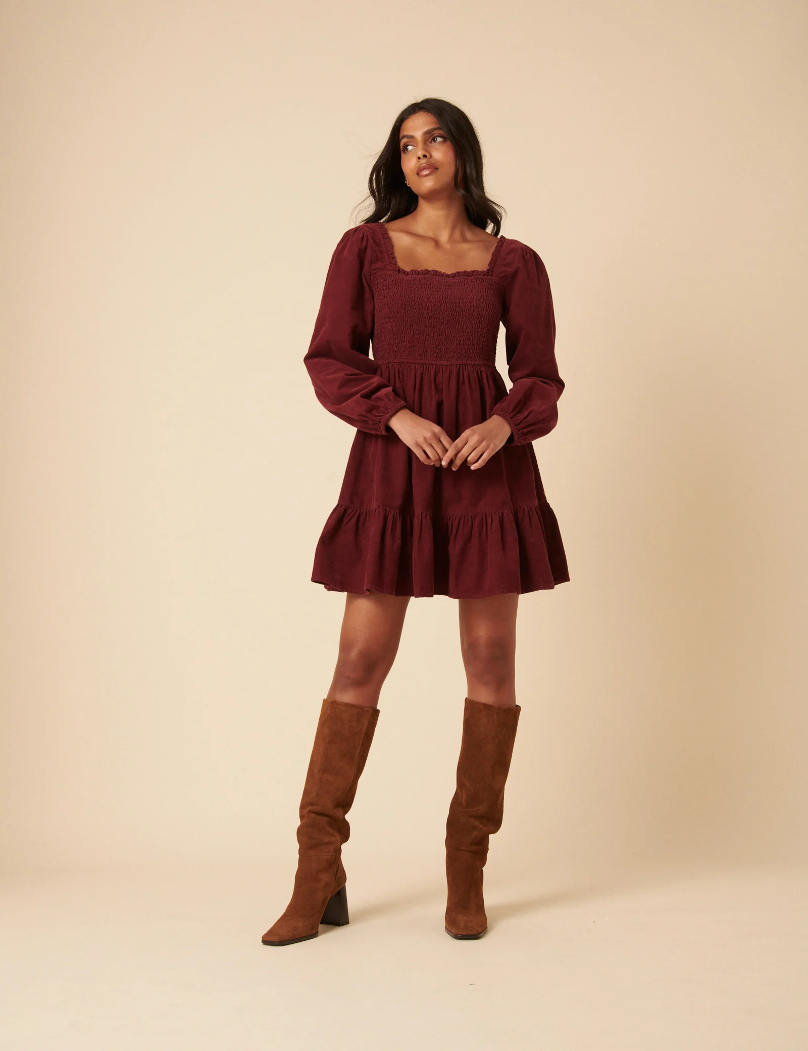 Red Balloon Sleeve Cord Tiered Elsa Mini Dress - Image 2