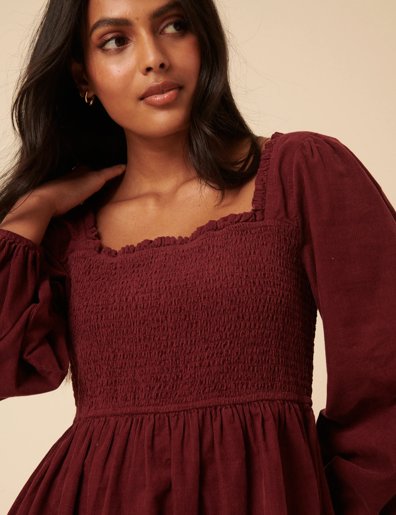 Red Balloon Sleeve Cord Tiered Elsa Mini Dress - Image 5
