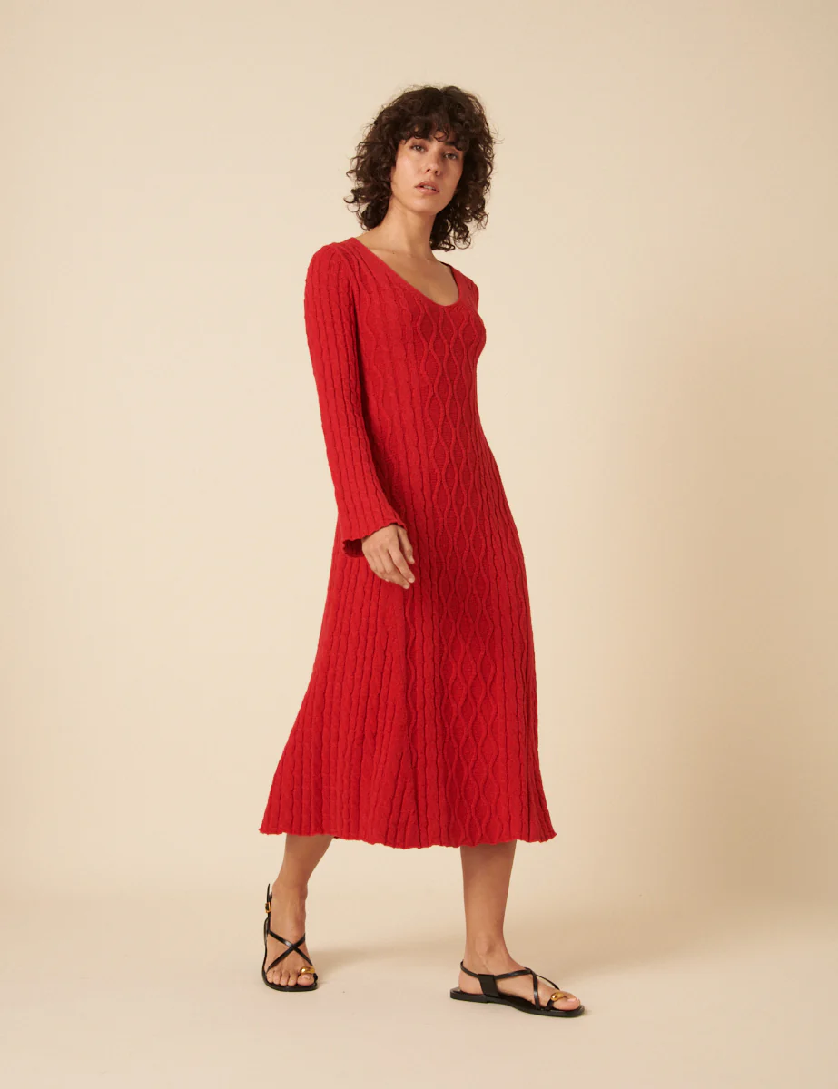 Red Cable Knit A-Line Knitted Dress - Image 3