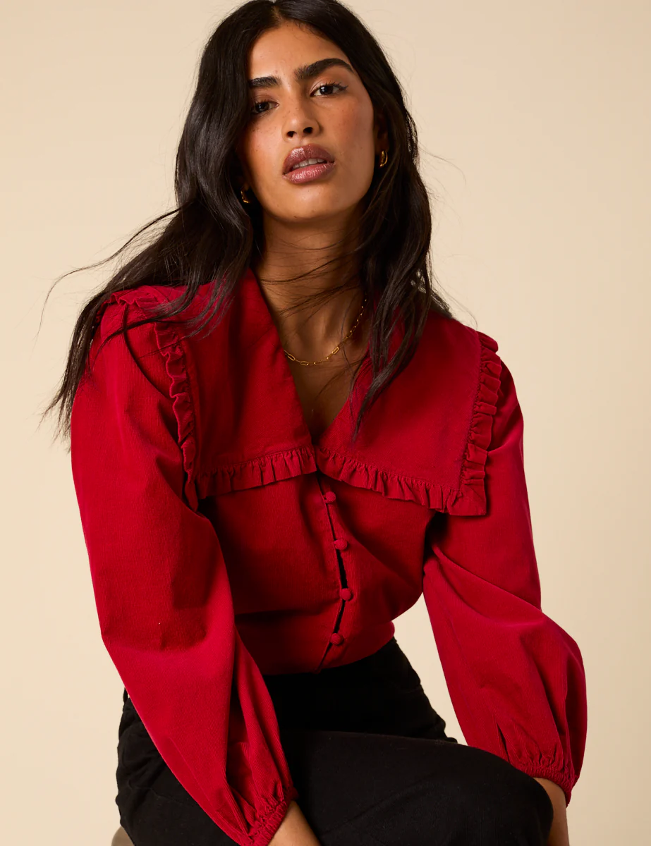 Red Cord Oversized Ruffle Collar Blouse - Image 3
