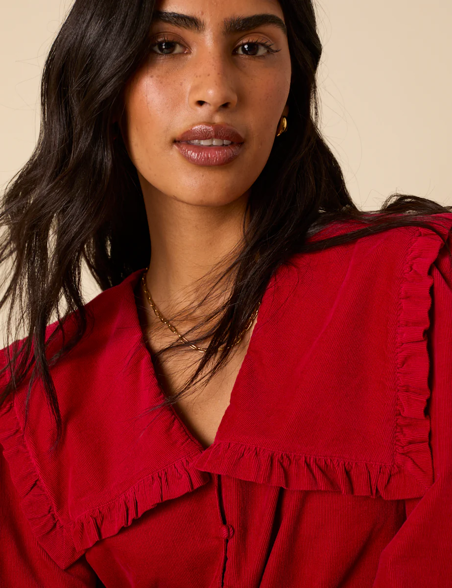 Red Cord Oversized Ruffle Collar Blouse - Image 4