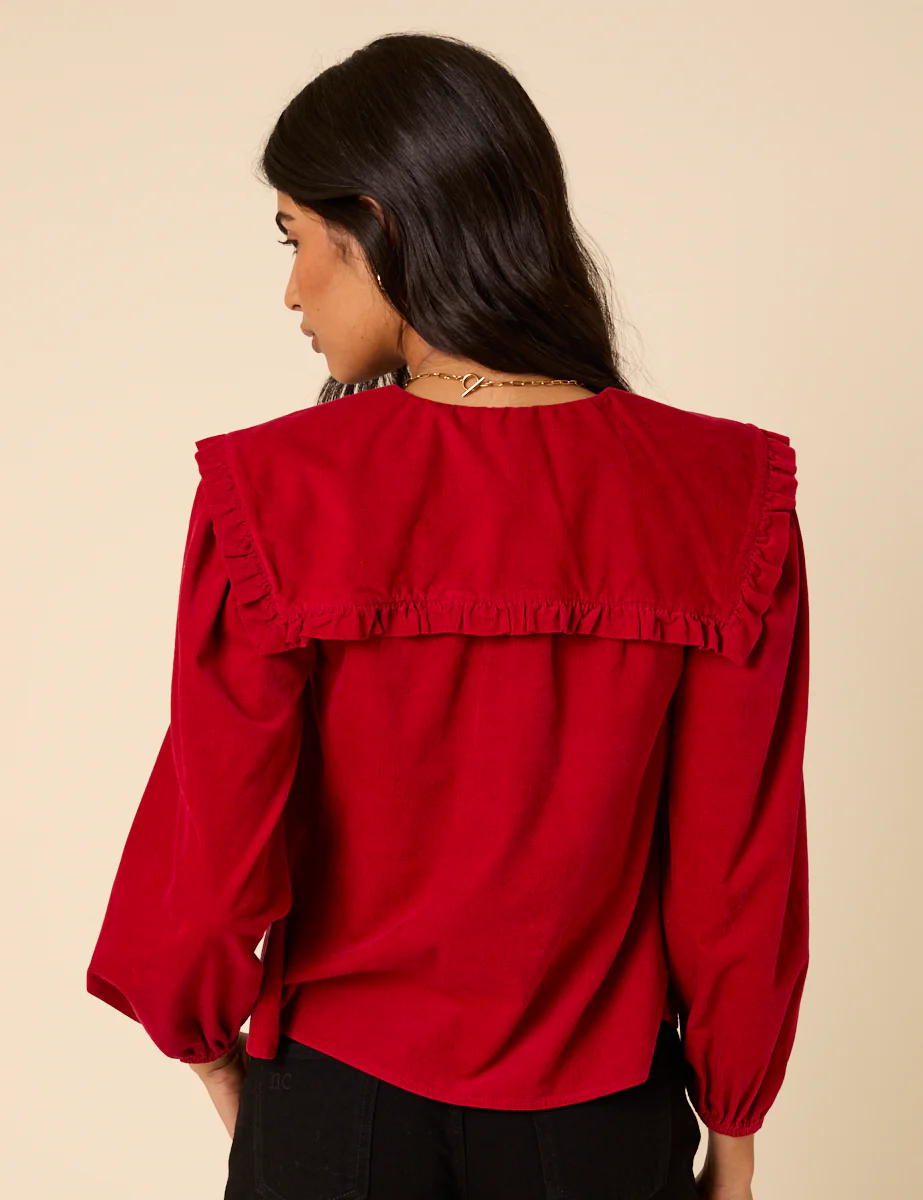 Red Cord Oversized Ruffle Collar Blouse - Image 5