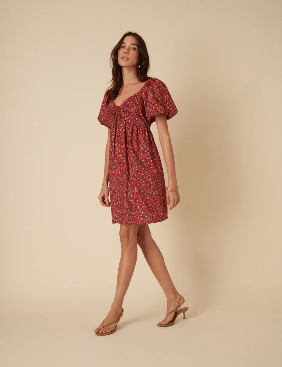 Red Ditsy Floral Puff Sleeve Joanna Mini Dress - Image 3