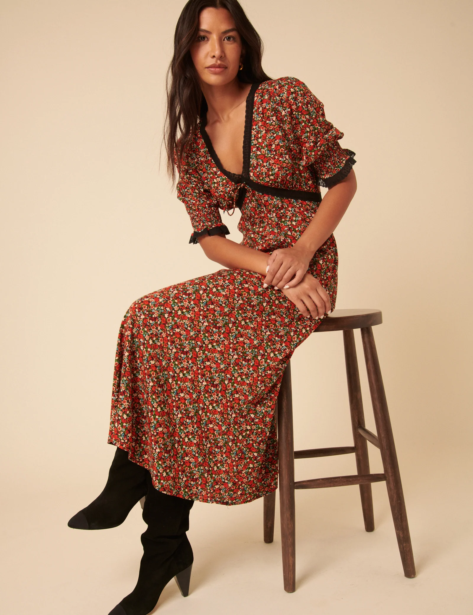 Red Ditsy Floral Sophia Midi Dress - Image 3