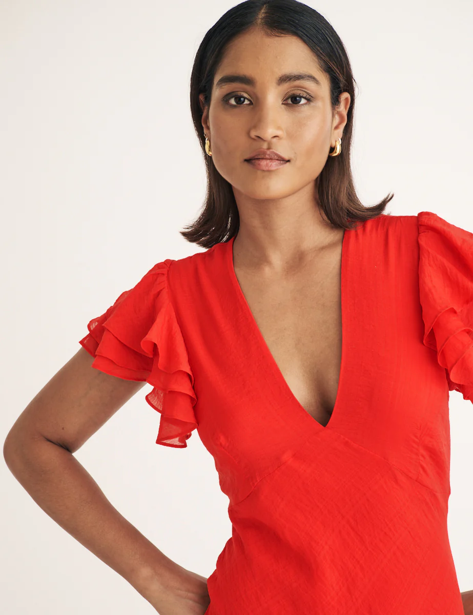 Red Frill Sleeve Layla Midi Dress - Image 3