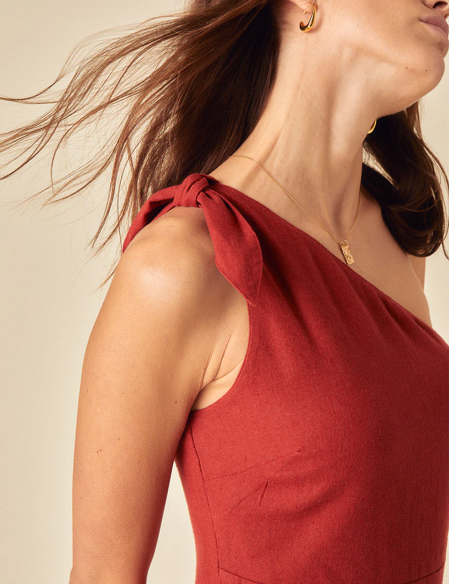 Red Linen-blend One Shoulder Sherbourne Midi Dress - Image 2