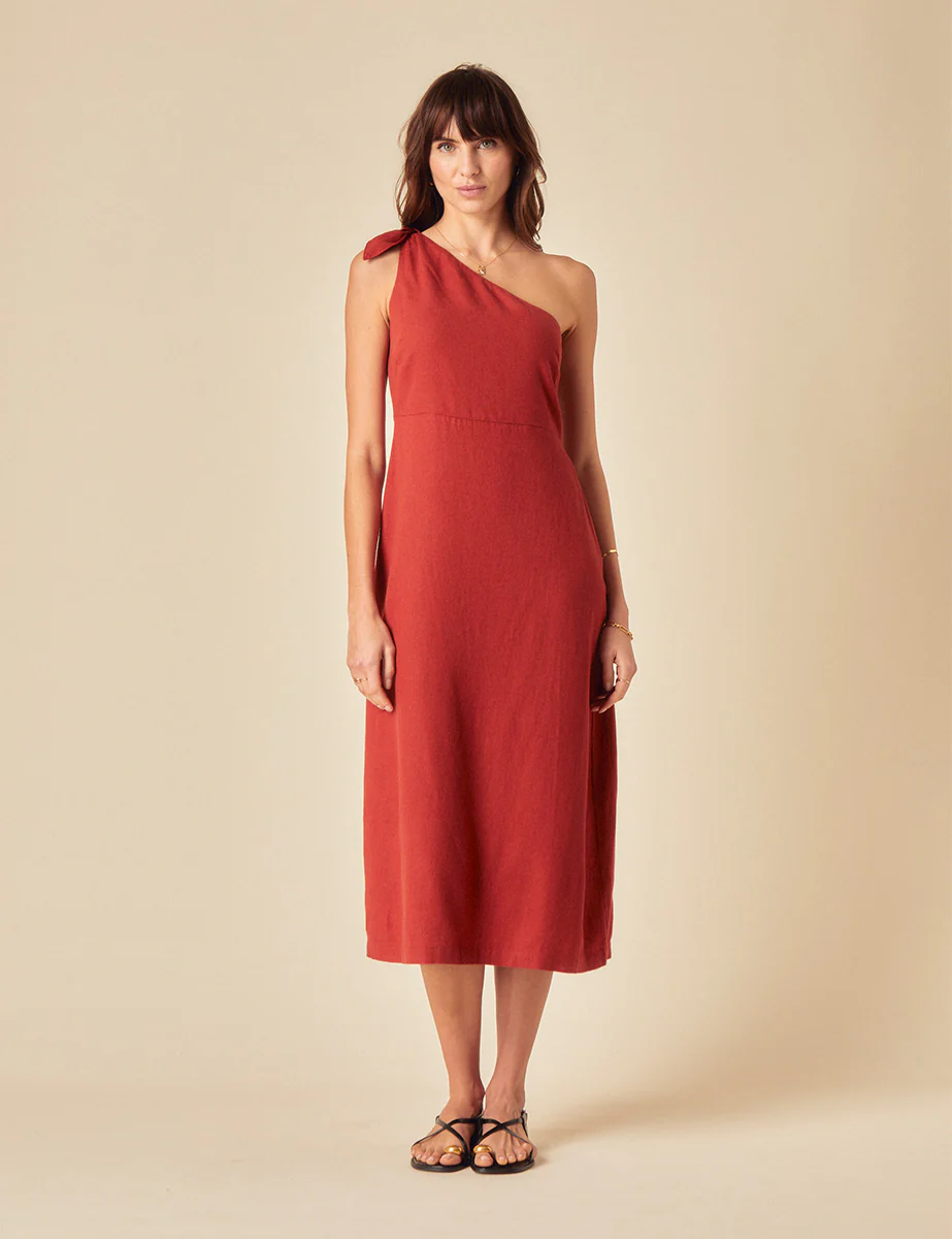 Red Linen-blend One Shoulder Sherbourne Midi Dress - Image 4
