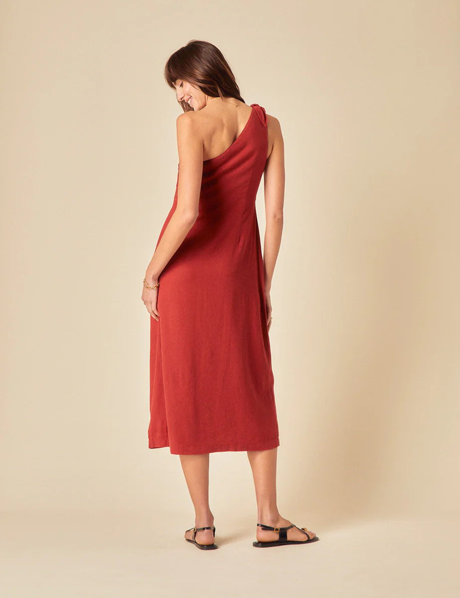 Red Linen-blend One Shoulder Sherbourne Midi Dress - Image 5