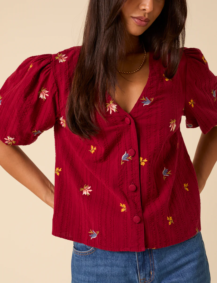 Red Puff Sleeve Embroidered Blouse - Image 3
