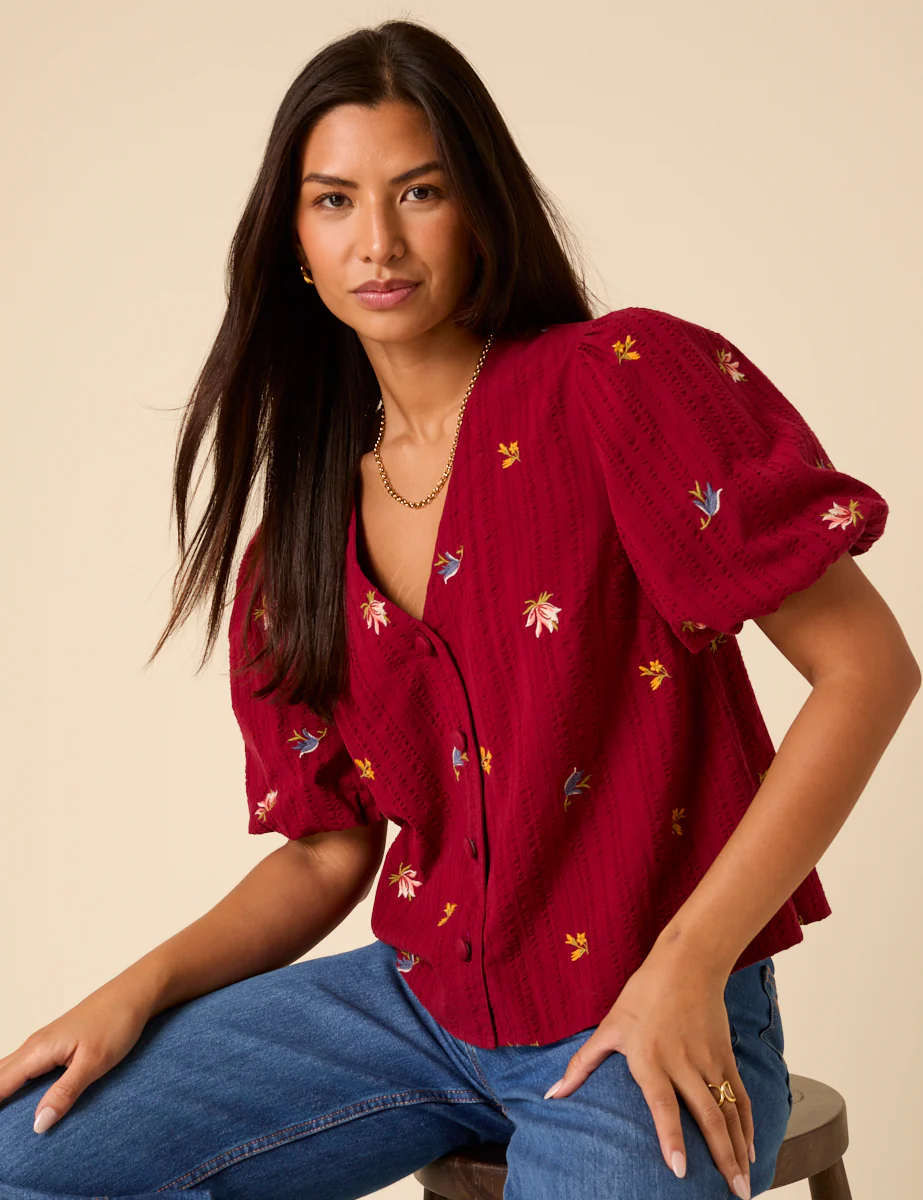 Red Puff Sleeve Embroidered Blouse - Image 4