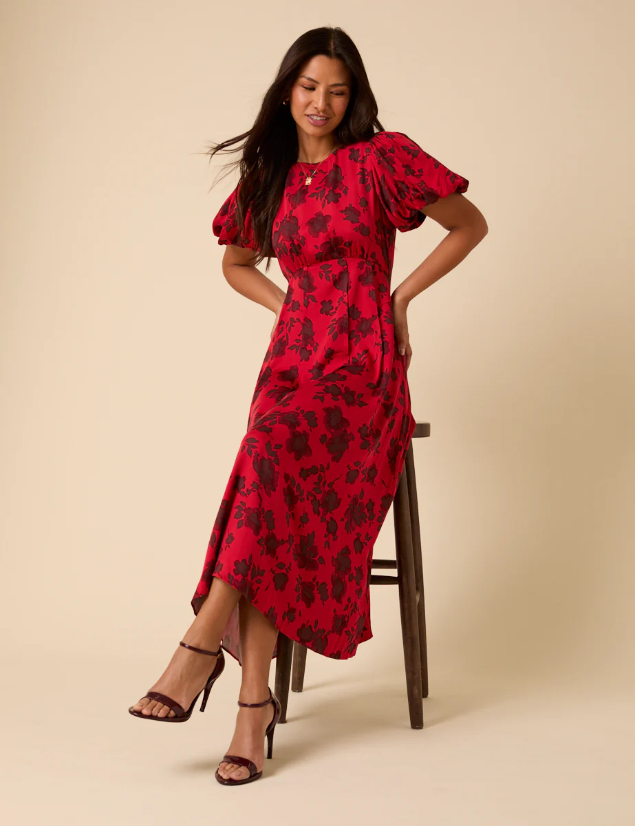 Red Puff Sleeve Quinn Midi Dress - Image 3