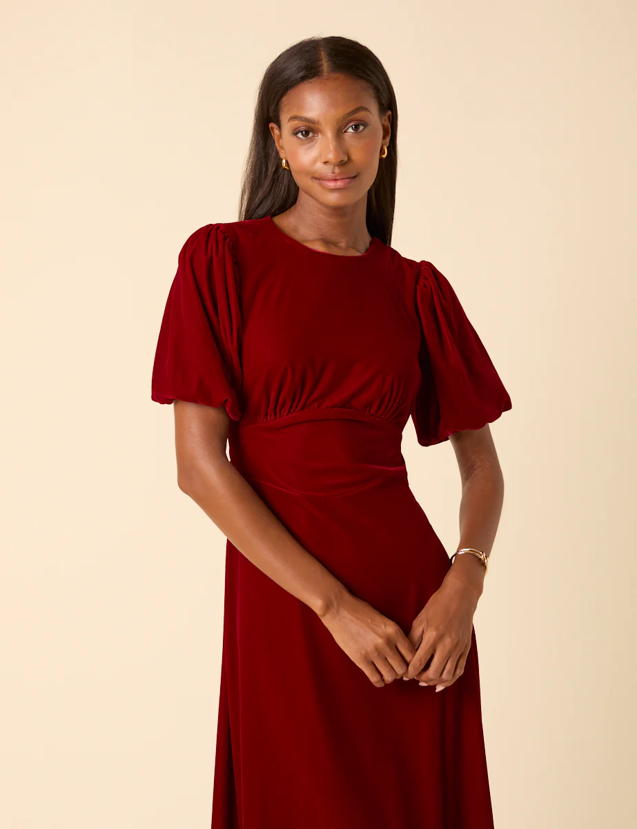 Red Velvet Puff Sleeve Zoi Midi Dress - Image 4