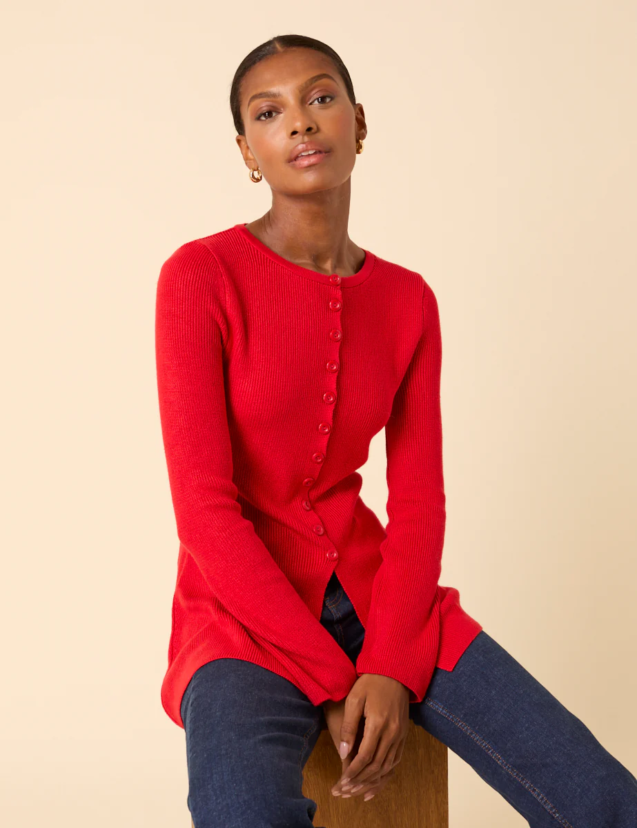 Red Ribbed Longline Cardigan - Image 3