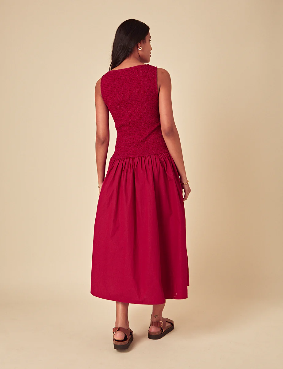 Red Ruched Drop Waist Thalia Midi Dress - Image 5