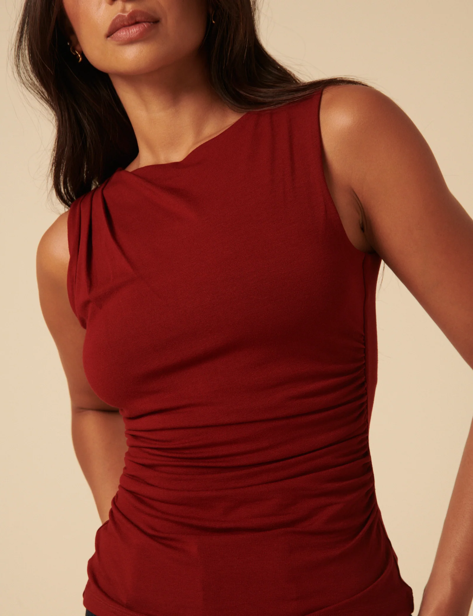 Red Ruched Sleeveless Jersey Top - Image 2