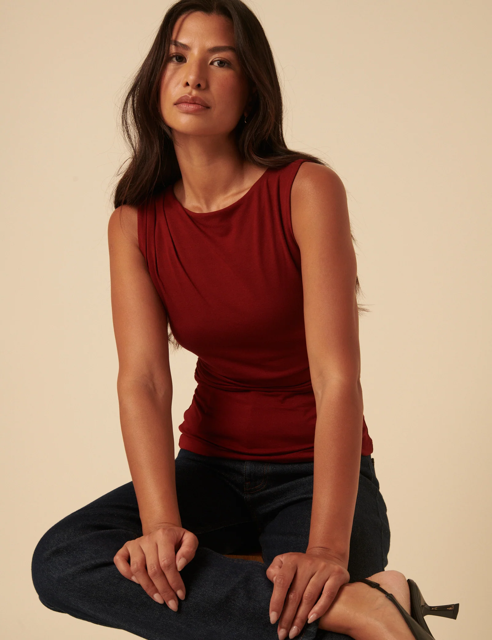 Red Ruched Sleeveless Jersey Top - Image 3