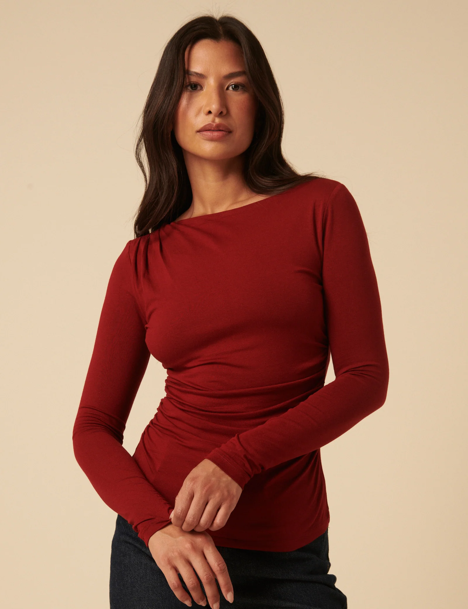 Red Ruched Long Sleeve Jersey Top - Image 2