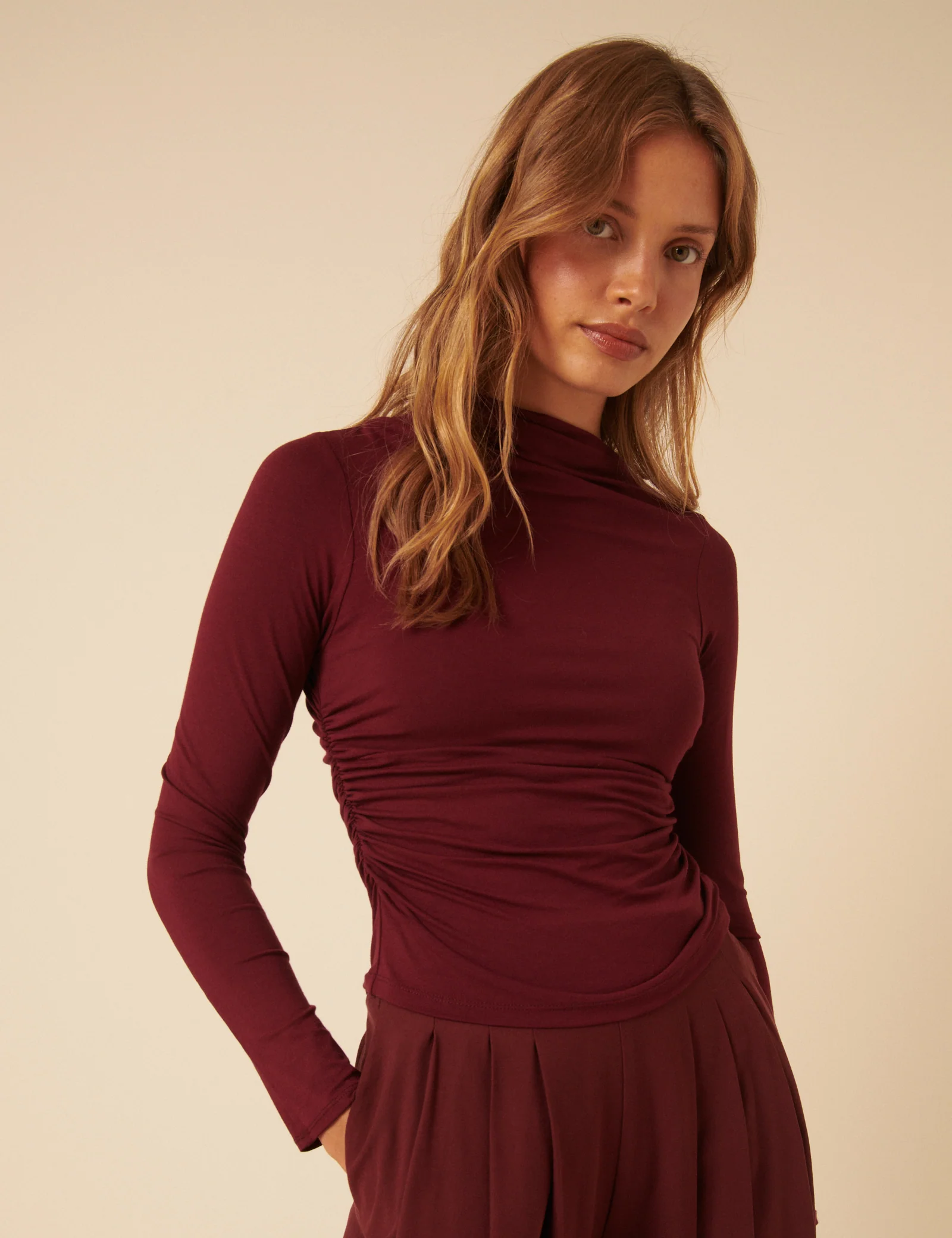 Red Ruched Long Sleeve Top