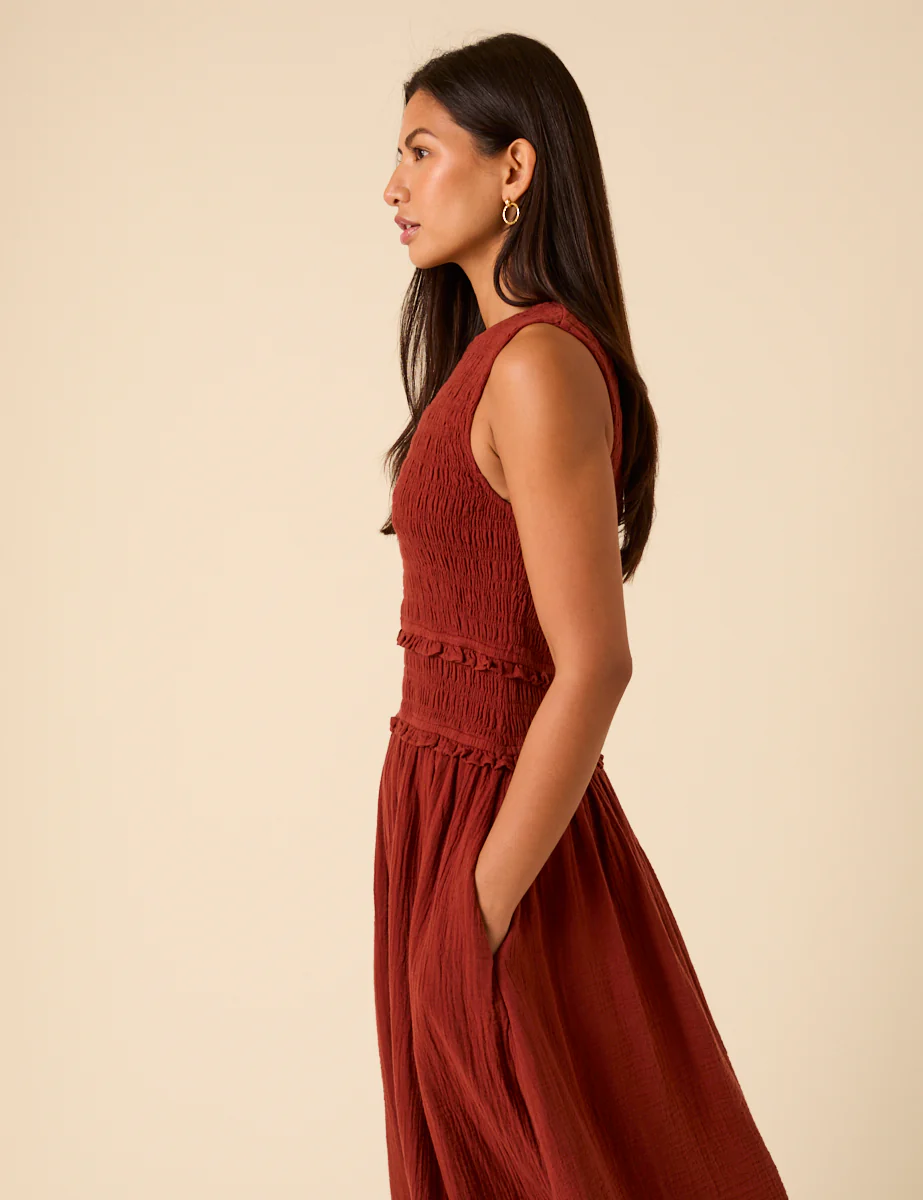 Red Shirred Bodice Ingrid Midi Dress - Image 3
