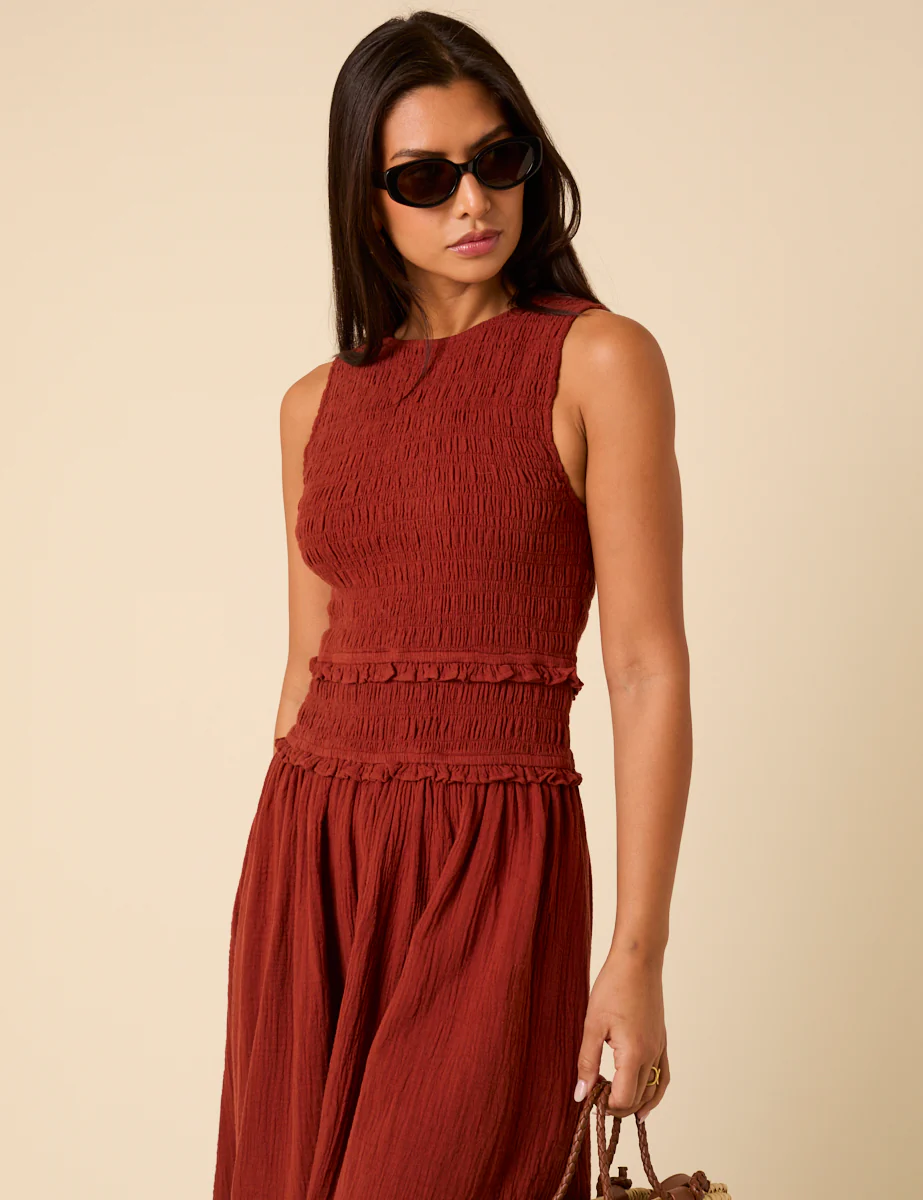 Red Shirred Bodice Ingrid Midi Dress - Image 5