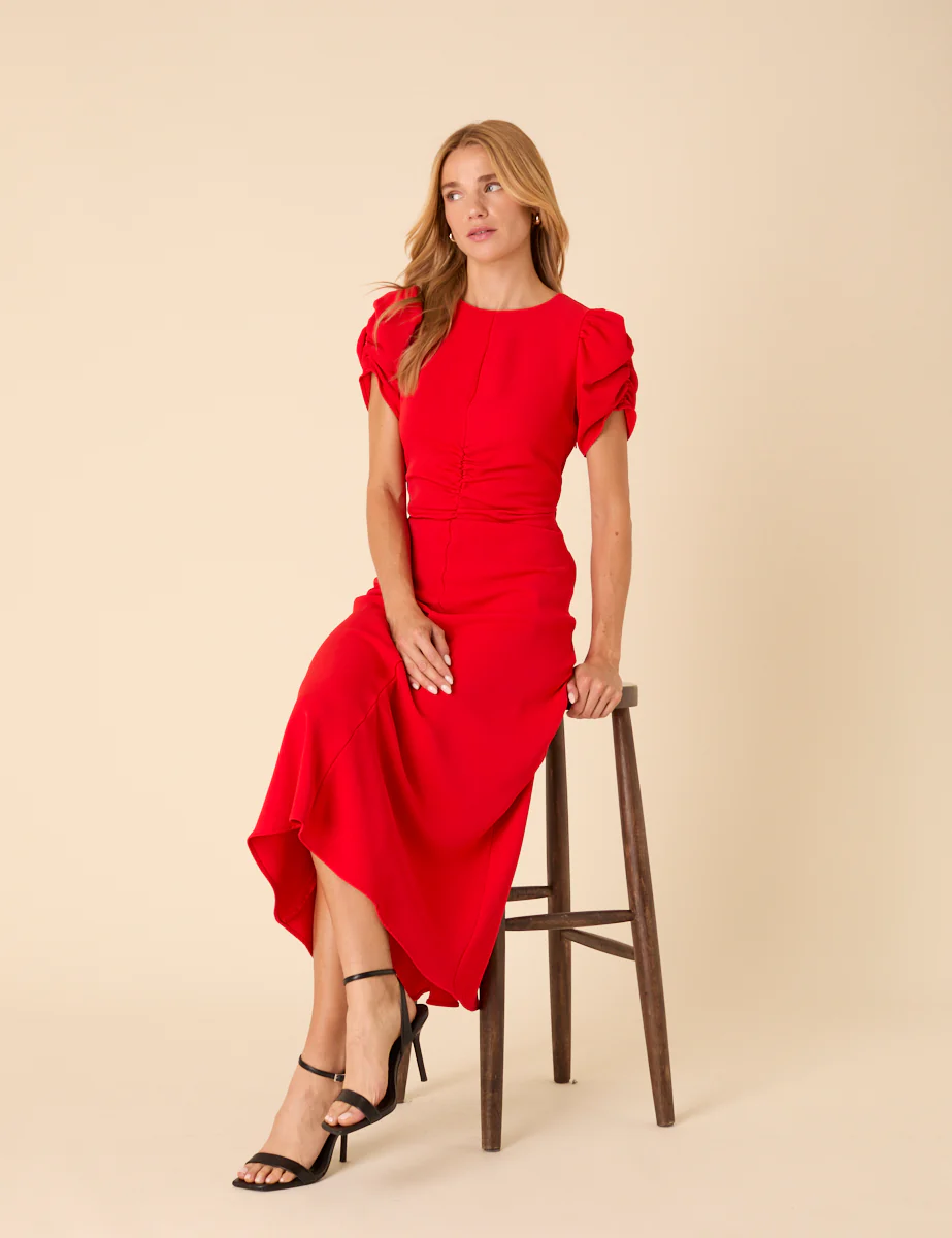 Red Ruched Naomi Midi Dress - Image 3